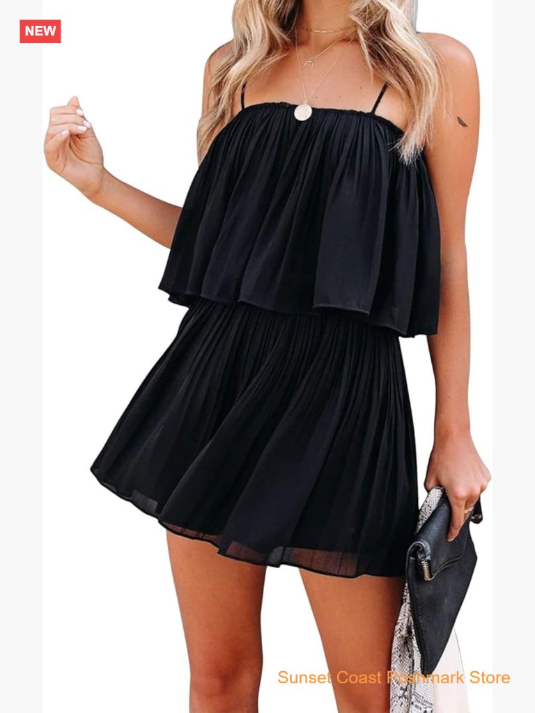 Womens Spaghetti Strap Pleated Jump Ruffle Hem Short Romper Jumpsuit